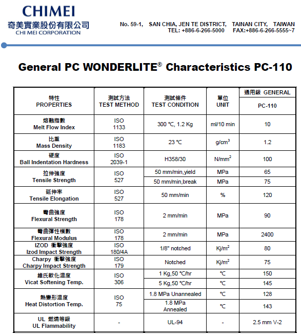 這是一張臺灣奇美PC PC-110物性參數表圖片