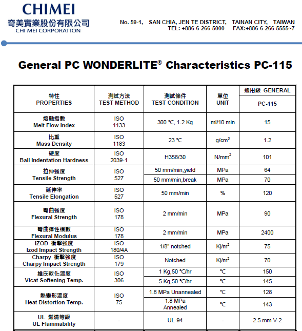 這是一張臺灣奇美PC PC-115物性參數表圖片